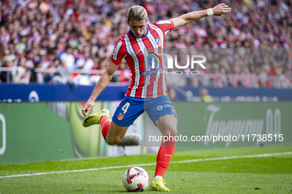 Conor Gallagher of Atletico de Madrid attempts a kick during the La Liga EA Sports 2024/25 football match between Atletico de Madrid and UD...