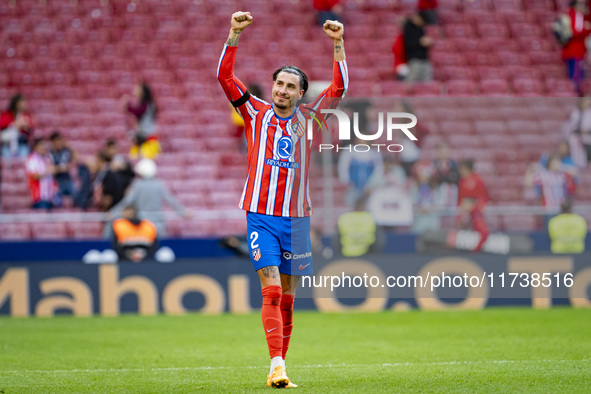 Jose Gimenez of Atletico de Madrid greets the fans during the La Liga EA Sports 2024/25 football match between Atletico de Madrid and UD Las...