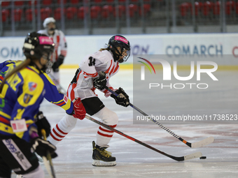 A hockey match between KS Cracovia 1906 (reds) and MMKS Podhale Nowy Targ (blues) takes place at the Adam 'Roch' Kowalski ice rink on the oc...