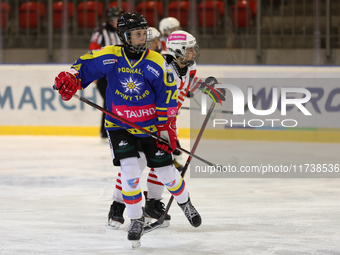 A hockey match between KS Cracovia 1906 (reds) and MMKS Podhale Nowy Targ (blues) takes place at the Adam 'Roch' Kowalski ice rink on the oc...