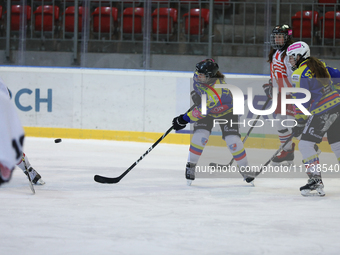 A hockey match between KS Cracovia 1906 (reds) and MMKS Podhale Nowy Targ (blues) takes place at the Adam 'Roch' Kowalski ice rink on the oc...