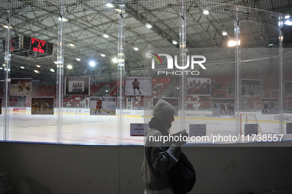 A woman stands with photos of the Krakow hockey team behind her during a hockey match between KS Cracovia 1906 and MMKS Podhale Nowy Targ at...