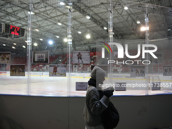 A woman stands with photos of the Krakow hockey team behind her during a hockey match between KS Cracovia 1906 and MMKS Podhale Nowy Targ at...