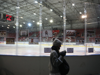 A woman stands with photos of the Krakow hockey team behind her during a hockey match between KS Cracovia 1906 and MMKS Podhale Nowy Targ at...