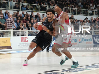 Anthony Lamb of Dolomiti Energia Trentino contrasts with Zach Le Day of EA7 Emporio Armani Milano during the match between Dolomiti Energia...