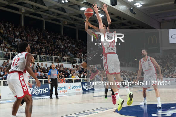 Selom Mawugbe of Dolomiti Energia Trentino takes a suspension shot during the match between Dolomiti Energia Trentino and EA7 Emporio Armani...