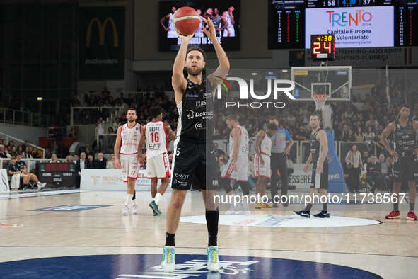 Jordan Ford of Dolomiti Energia Trentino takes a free throw during the match between Dolomiti Energia Trentino and EA7 Emporio Armani Milano...