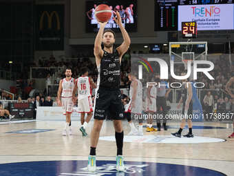 Jordan Ford of Dolomiti Energia Trentino takes a free throw during the match between Dolomiti Energia Trentino and EA7 Emporio Armani Milano...