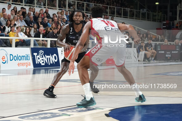 Myles Cale of Dolomiti Energia Trentino is in action during the match between Dolomiti Energia Trentino and EA7 Emporio Armani Milano, regul...