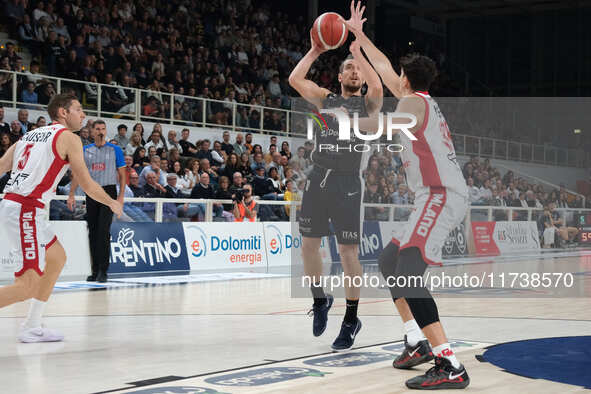 Toto Forray of Dolomiti Energia Trentino is in action during the match between Dolomiti Energia Trentino and EA7 Emporio Armani Milano in th...