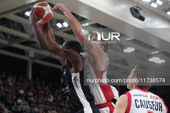 Selom Mawugbe of Dolomiti Energia Trentino takes the rebound during the match between Dolomiti Energia Trentino and EA7 Emporio Armani Milan...