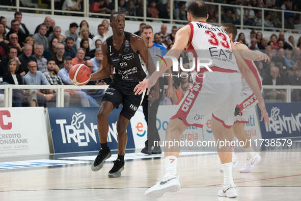 Saliou Niang of Dolomiti Energia Trentino is in action during the match between Dolomiti Energia Trentino and EA7 Emporio Armani Milano, reg...