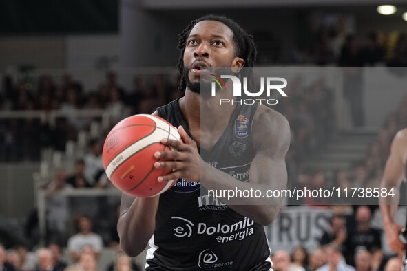 Myles Cale of Dolomiti Energia Trentino takes a free throw during the match between Dolomiti Energia Trentino and EA7 Emporio Armani Milano...