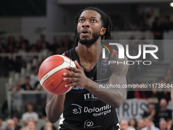 Myles Cale of Dolomiti Energia Trentino takes a free throw during the match between Dolomiti Energia Trentino and EA7 Emporio Armani Milano...