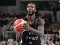 Myles Cale of Dolomiti Energia Trentino takes a free throw during the match between Dolomiti Energia Trentino and EA7 Emporio Armani Milano...