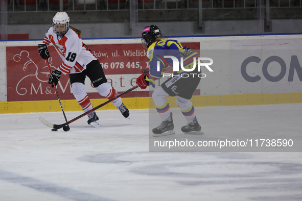 A hockey match between KS Cracovia 1906 (reds) and MMKS Podhale Nowy Targ (blues) takes place at the Adam 'Roch' Kowalski ice rink on the oc...