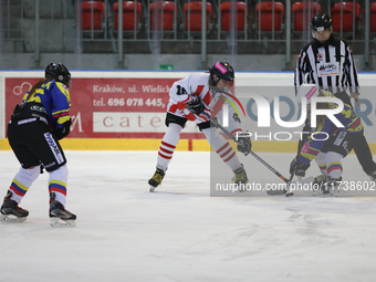 A hockey match between KS Cracovia 1906 (reds) and MMKS Podhale Nowy Targ (blues) takes place at the Adam 'Roch' Kowalski ice rink on the oc...