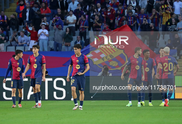 FC Barcelona players celebrate during the match between FC Barcelona and RCD Espanyol, corresponding to week 12 of LaLiga EA Sports, at the...