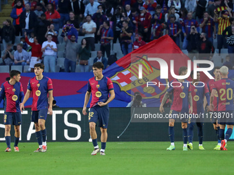 FC Barcelona players celebrate during the match between FC Barcelona and RCD Espanyol, corresponding to week 12 of LaLiga EA Sports, at the...