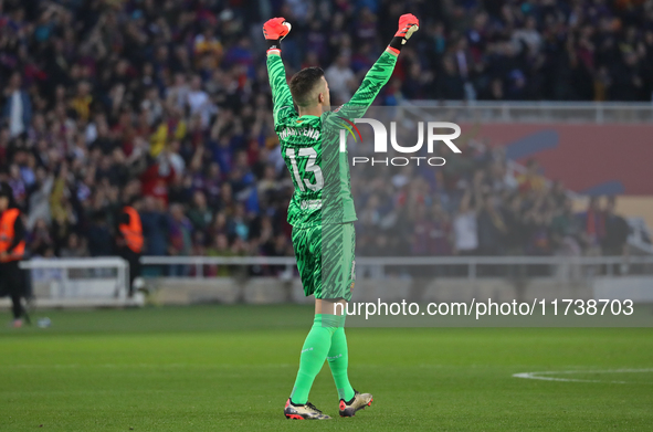 Inaki Pena celebrates during the match between FC Barcelona and RCD Espanyol, corresponding to week 12 of LaLiga EA Sports, played at the Ll...