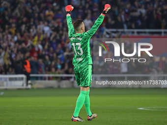 Inaki Pena celebrates during the match between FC Barcelona and RCD Espanyol, corresponding to week 12 of LaLiga EA Sports, played at the Ll...