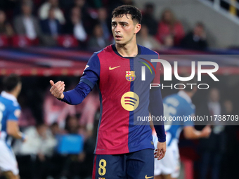 Pedri plays during the match between FC Barcelona and RCD Espanyol, corresponding to week 12 of LaLiga EA Sports, at the Lluis Companys Stad...