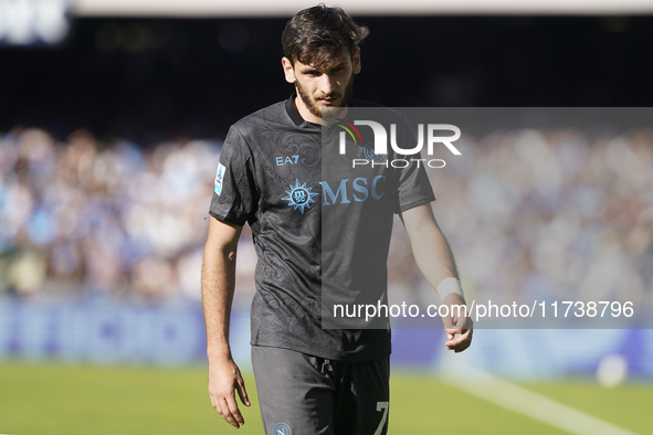 Khvicha Kvaratskhelia of SSC Napoli during the Serie A match between SSC Napoli and Atalanta BC at Stadio Diego Armando Maradona Naples Ital...