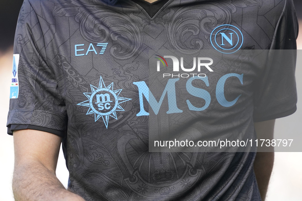 Close up of the SSC Napoli shirt during the Serie A match between SSC Napoli and Atalanta BC at Stadio Diego Armando Maradona Naples Italy o...