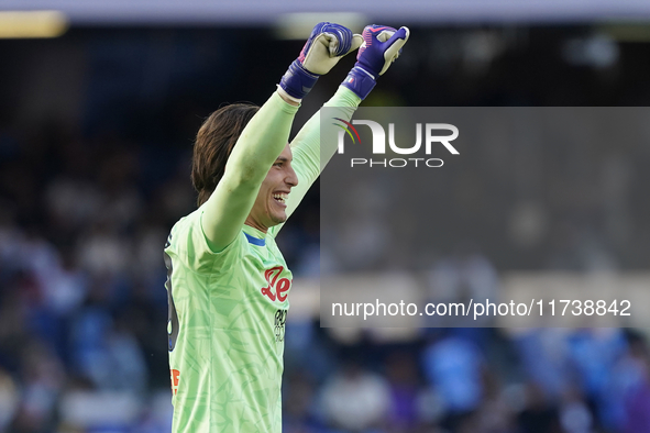 Marco Carnesecchi of Atalanta BC celebrates during the Serie A match between SSC Napoli and Atalanta BC at Stadio Diego Armando Maradona Nap...