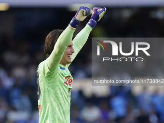 Marco Carnesecchi of Atalanta BC celebrates during the Serie A match between SSC Napoli and Atalanta BC at Stadio Diego Armando Maradona Nap...