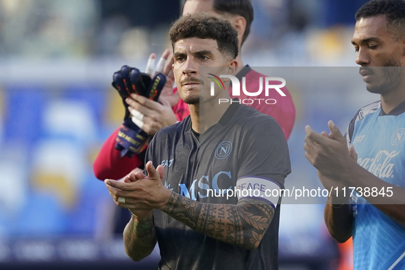 Giovanni Di Lorenzo of SSC Napoli applauds fans at the end of the Serie A match between SSC Napoli and Atalanta BC at Stadio Diego Armando M...