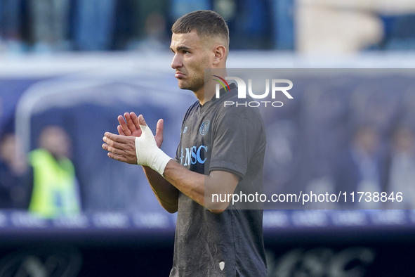 Alessandro Buongiorno of SSC Napoli applauds fans at the end of the Serie A match between SSC Napoli and Atalanta BC at Stadio Diego Armando...