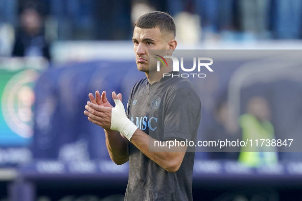 Alessandro Buongiorno of SSC Napoli applauds fans at the end of the Serie A match between SSC Napoli and Atalanta BC at Stadio Diego Armando...