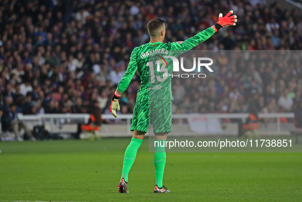 Inaki Pena plays during the match between FC Barcelona and RCD Espanyol, corresponding to week 12 of LaLiga EA Sports, at the Lluis Companys...