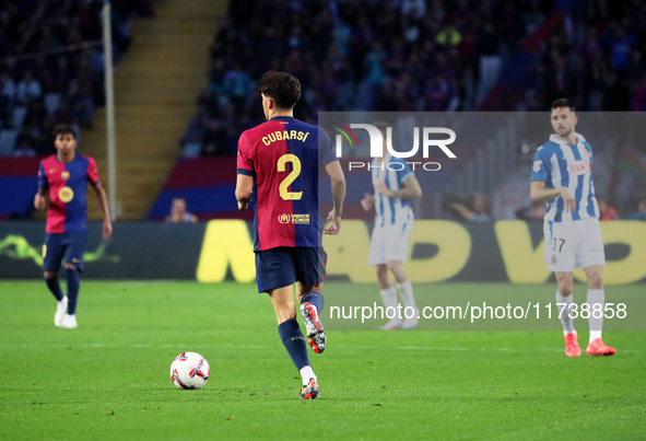 Pau Cubarsi plays during the match between FC Barcelona and RCD Espanyol, corresponding to week 12 of LaLiga EA Sports, at the Lluis Company...