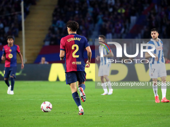 Pau Cubarsi plays during the match between FC Barcelona and RCD Espanyol, corresponding to week 12 of LaLiga EA Sports, at the Lluis Company...