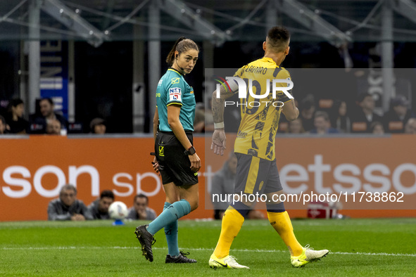 Lautaro Martinez and Ferrieri Caputi are in action during the Serie A match between FC Internazionale and Venezia FC at Giuseppe Meazza Stad...