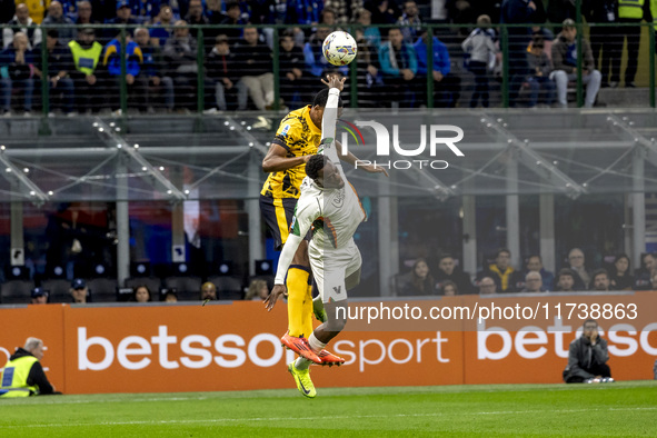 Denzel Dumfries plays during the Serie A match between FC Internazionale and Venezia FC at Giuseppe Meazza Stadium in Milano, Italy, on Nove...