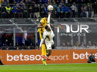 Denzel Dumfries plays during the Serie A match between FC Internazionale and Venezia FC at Giuseppe Meazza Stadium in Milano, Italy, on Nove...