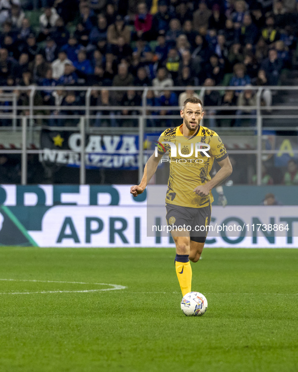 Stefan De Vrij plays during the Serie A match between FC Internazionale and Venezia FC at Giuseppe Meazza Stadium in Milano, Italy, on Novem...