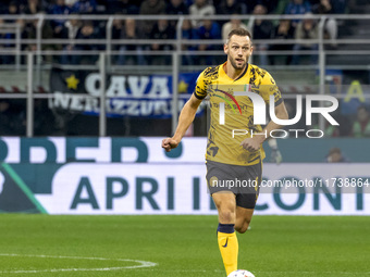 Stefan De Vrij plays during the Serie A match between FC Internazionale and Venezia FC at Giuseppe Meazza Stadium in Milano, Italy, on Novem...