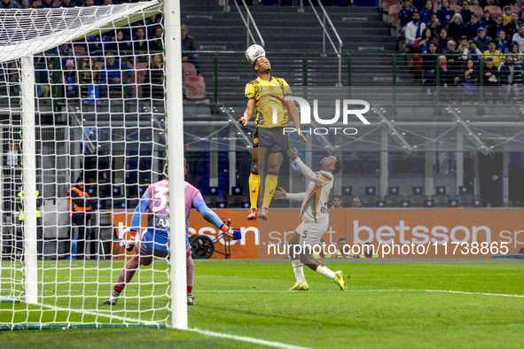 Denzel Dumfries plays during the Serie A match between FC Internazionale and Venezia FC at Giuseppe Meazza Stadium in Milano, Italy, on Nove...