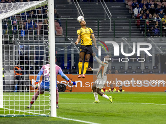 Denzel Dumfries plays during the Serie A match between FC Internazionale and Venezia FC at Giuseppe Meazza Stadium in Milano, Italy, on Nove...