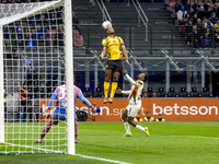 Denzel Dumfries plays during the Serie A match between FC Internazionale and Venezia FC at Giuseppe Meazza Stadium in Milano, Italy, on Nove...