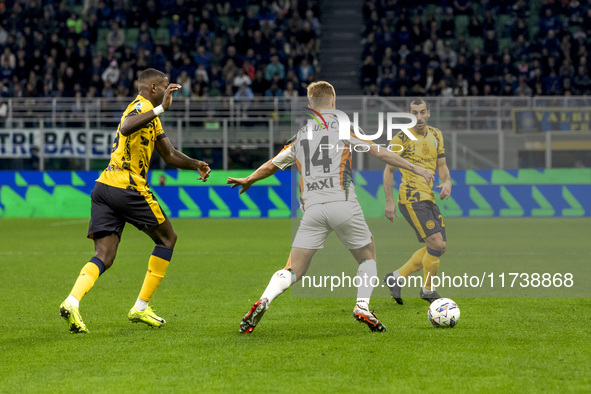 Hans Nicolussi Caviglia plays during the Serie A match between FC Internazionale and Venezia FC at Giuseppe Meazza Stadium in Milano, Italy,...