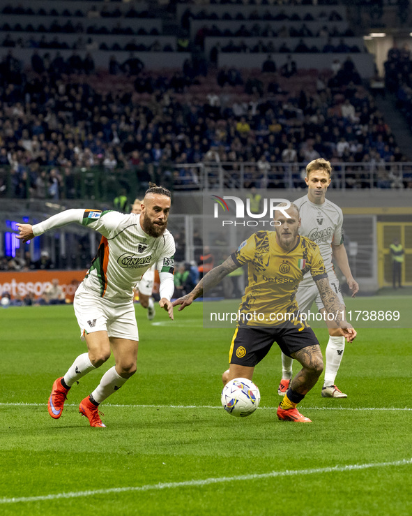 Federico Dimarco plays during the Serie A match between FC Internazionale and Venezia FC at Giuseppe Meazza Stadium in Milano, Italy, on Nov...