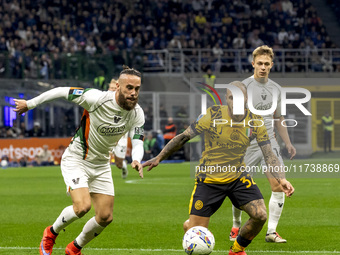 Federico Dimarco plays during the Serie A match between FC Internazionale and Venezia FC at Giuseppe Meazza Stadium in Milano, Italy, on Nov...