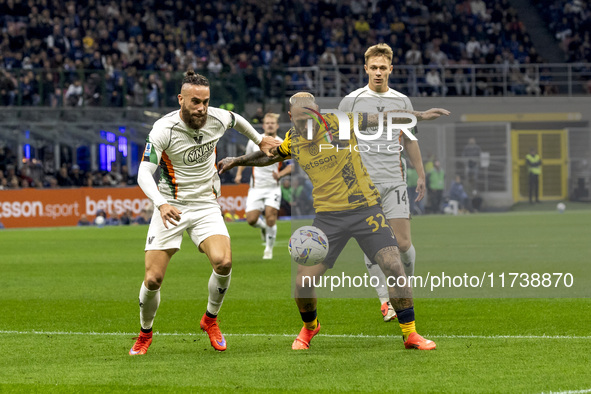 Federico Dimarco plays during the Serie A match between FC Internazionale and Venezia FC at Giuseppe Meazza Stadium in Milano, Italy, on Nov...