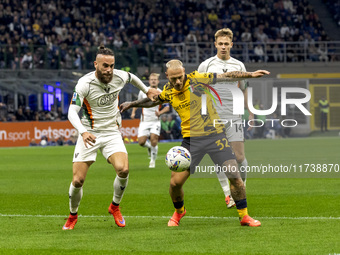 Federico Dimarco plays during the Serie A match between FC Internazionale and Venezia FC at Giuseppe Meazza Stadium in Milano, Italy, on Nov...