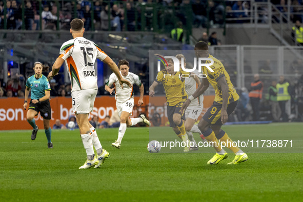 Nicolo Barella plays during the Serie A match between FC Internazionale and Venezia FC at Giuseppe Meazza Stadium in Milano, Italy, on Novem...